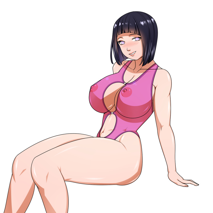 1girls areolae big_breasts blush bob_cut boruto:_naruto_next_generations breasts cleavage collarbone cutout female female_only hyuuga_hinata lipstick looking_at_viewer makeup naruto naruto_(series) nipples popsiclebunny purple_hair see-through see-through_clothing simple_background sitting smile swimsuit thick_thighs violet_eyes white_background