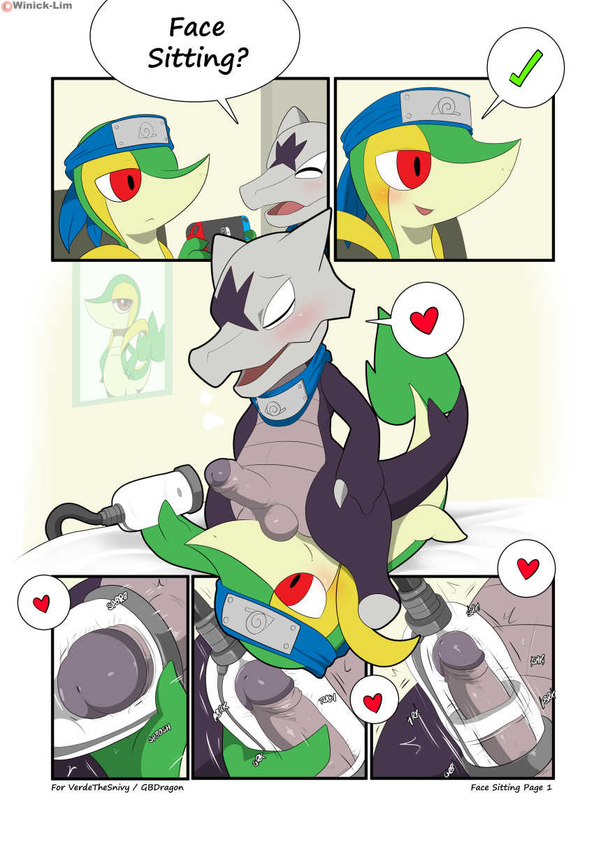 absurd_res alolan_marowak ambiguous_gender anal blush closed_eyes dialogue duo english_text facesitting furry genitals heart hi_res humanoid_genitalia humanoid_penis male male/ambiguous marowak nintendo oral page_1 penis pokemon pokemon_(species) regional_form_(pokémon) rimming semi-anthro sex snivy text video_games winick-lim