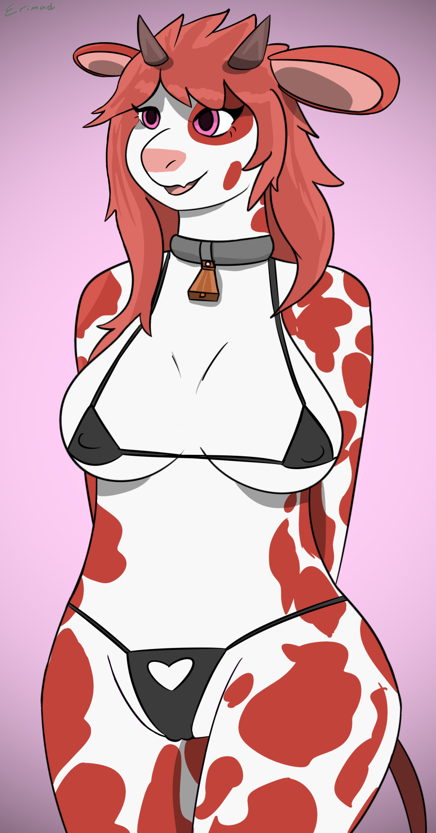 absurd_res anthro bell bell_collar big_breasts bikini bovid bovine breasts cattle clothing collar erimad female hands_behind_back happy heart hi_res mammal pepper_(erimad) simple_background solo string_bikini swimwear thick_thighs