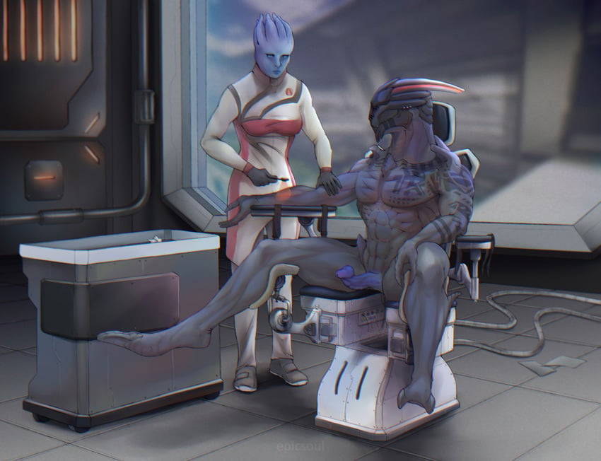 3_toes abs alien alien_humanoid arm_tattoo asari biceps black_body black_skin blue_body blue_penis blue_skin breasts chair chest_tattoo claws clothing curved_penis dark_skin epic_soul erection facial_tattoo feet female furniture genitals gloves handwear humanoid latex_gloves male markings mass_effect medic medical_instrument muscular muscular_arms muscular_legs muscular_male nude paper pecs penis piercing pipes scientific_instrument sitting spread_legs spreading standing stirrups table tattoo toe_claws toes turian vein video_games window wire