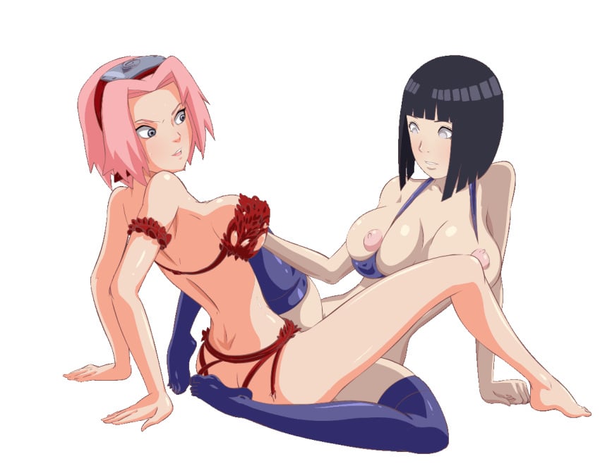 2girls adult animated batothecyborg big_breasts bikini bikini_top black_hair bra character color colored commission female_only green_eyes hyuuga_hinata large_breasts medium_breasts milf multiple_girls naruto naruto_(series) naruto_shippuden pink_hair sakura_haruno stockings swimsuit transparent_background tribadism white_eyes yuri