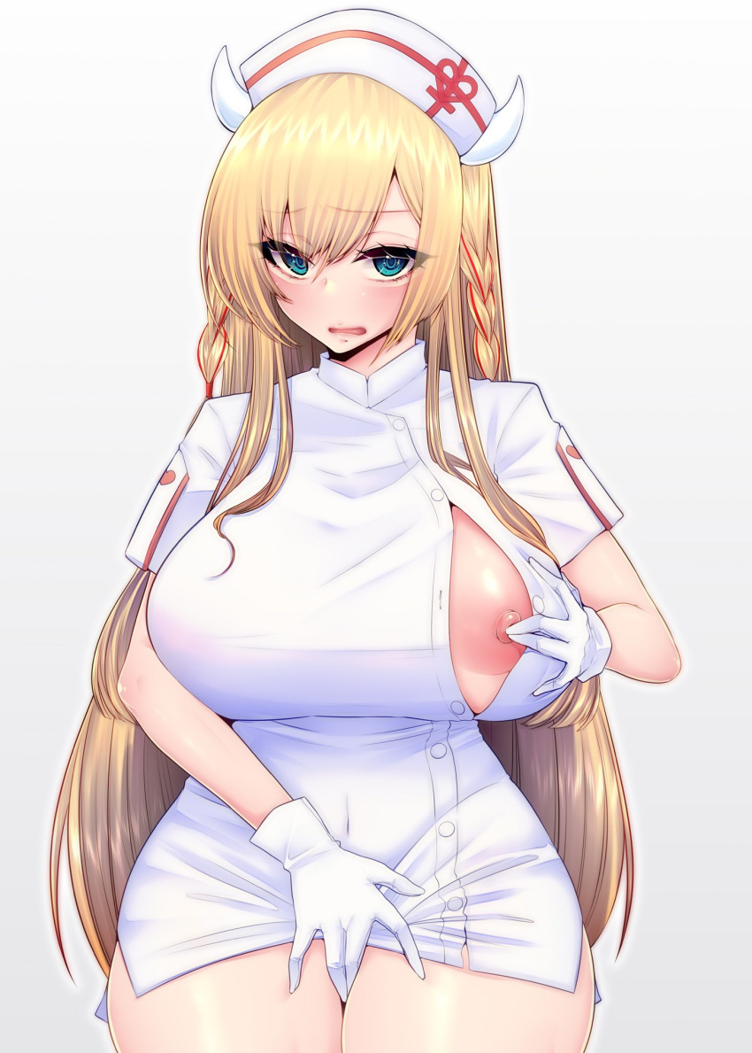 1girls areolae azur_lane blonde_hair blue_eyes braid breasts clothes_pull embarrassed female female_only fingering gloves hat highres huge_breasts kira_kazuki kongou_(azur_lane) kongou_(hospital_talent)_(azur_lane) large_areolae light-skinned_female light_skin nipples nurse nurse_cap one_breast_out sakura_empire_(azur_lane) skindentation solo wide_hips