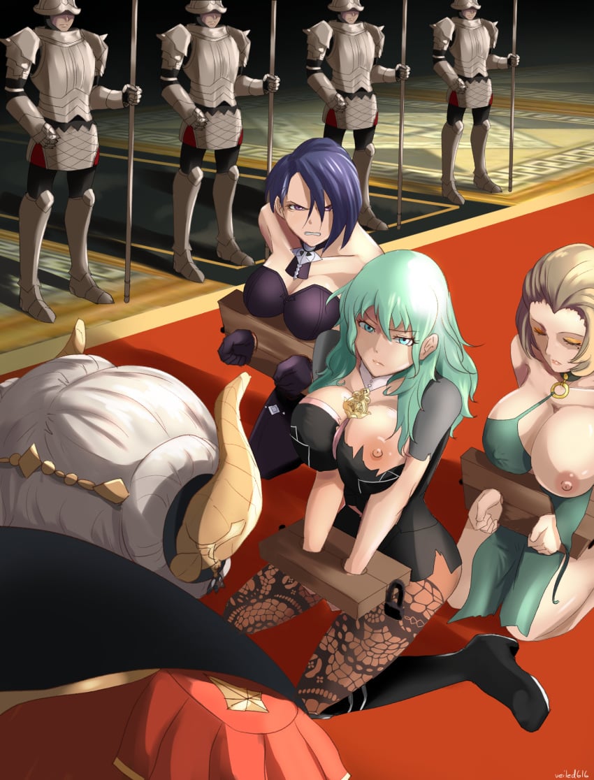 4girls angry bare_legs bare_shoulders blue_eyes blue_hair bondage boots breasts breasts_out brown_hair byleth_(fire_emblem) byleth_(fire_emblem)_(female) choker cleavage clenched_teeth closed_eyes defeated dress edelgard_von_hresvelg femdom femsub fire_emblem fire_emblem:_three_houses glaring gloves green_eyes green_hair handcuffs huge_breasts imminent_rape kneeling large_breasts leggings light_blue_eyes manuela_casagranda medium_hair multiple_girls multiple_subs nintendo nipple_bulge nipples one_breast_out pantyhose party_wipe post-timeskip prisoner purple_eyes restrained shamir_nevrand short_hair shorts slave submissive submissive_female throne_room torn_clothes veiled616