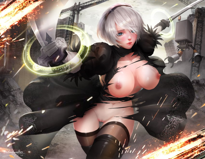 1girls boots breasts building city dress feathers female gray_hair headband katana light-skinned_female light_skin nier nier:_automata nipples pod_(nier) pussy robot ruins short_hair signed sword thighhighs torn_clothes uncensored weapon windwalker_(kaze_no_gyouja) yorha_2b