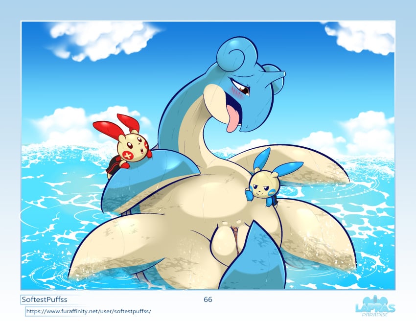 2020 absurd_res ambiguous_gender beach bedroom_eyes blush clothing digital_media_(artwork) female feral furaffinity_username genitals group hi_res lapras lapras_paradise long_neck minun narrowed_eyes nintendo page_66 plusle pokémon_(species) pokemon pokemon_(species) presenting presenting_pussy pussy seaside seductive size_difference softestpuffss tongue tongue_out video_games water