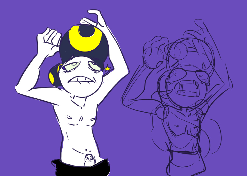 1boy black_hat black_pants blue_background erection looking_up male_only nipples pan_pizza pants pants_down penis raised_arms rebeltaxi sentient_penis sketch snacklewd white_skin youtube youtuber