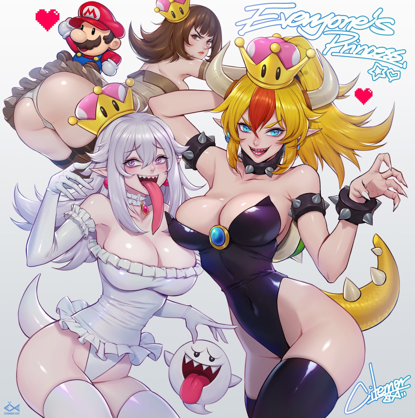 ass big_ass big_breasts blonde_hair boo_(mario) boosette bowsette brown_hair citemer genderswap goomba goombette long_tongue mario mario_(series) new_super_mario_bros._u_deluxe nintendo paper_mario super_mario_bros. tongue tongue_out white_hair