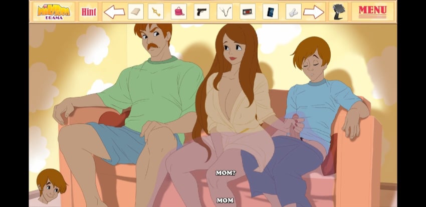 1girls 2boys blanket breasts brown_hair cheating_wife cleavage family female handjob huge_breasts husband_and_wife incest inusen lipstick male milftoon_drama mother_and_son moustache orange_hair penis see-through_blanket stealth_incest stealth_sex straight