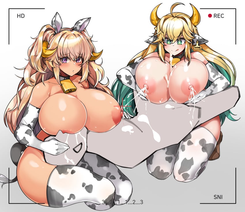 1boy 2girls absurdres ahoge animal_ears animal_print areolae bangs bell blonde_hair blush breast_squeeze breast_sucking breasts choker cleavage collarbone cow_ears cow_girl cow_print cum cum_on_body cum_on_breasts cum_on_upper_body dark_elf dark_elven_forest_ranger dark_elven_forest_ranger_(cowgirl_bikini) dark_skin ejaculation elbow_gloves elf elven_forest_maker elven_forest_maker_(cowgirl_bikini) engulfing_paizuri eyebrows_visible_through_hair faceless faceless_male ffm_threesome glands_of_montgomery gloves green_eyes green_hair group_sex highres horns huge_breasts lactation last_origin licking_lips long_hair looking_at_viewer multicolored_hair multiple_girls nipples nude on_lap paizuri paizuri_on_her_lap paizuri_on_lap pointy_ears purple_eyes recording sni straight thighhighs threesome tongue tongue_out two_side_up