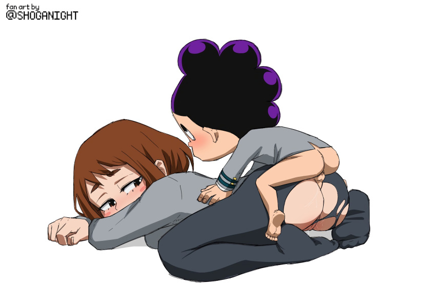 1boy 1girls anal ass barefoot blush brown_eyes brown_hair female from_behind looking_back male minoru_mineta my_hero_academia ochako_uraraka pantyhose penis prone_bone purple_hair pussy ripped_clothing rosy_cheeks school_uniform sex shoganight short_hair size_difference small_penis smaller_male straight torn_clothes u.a._school_uniform white_background