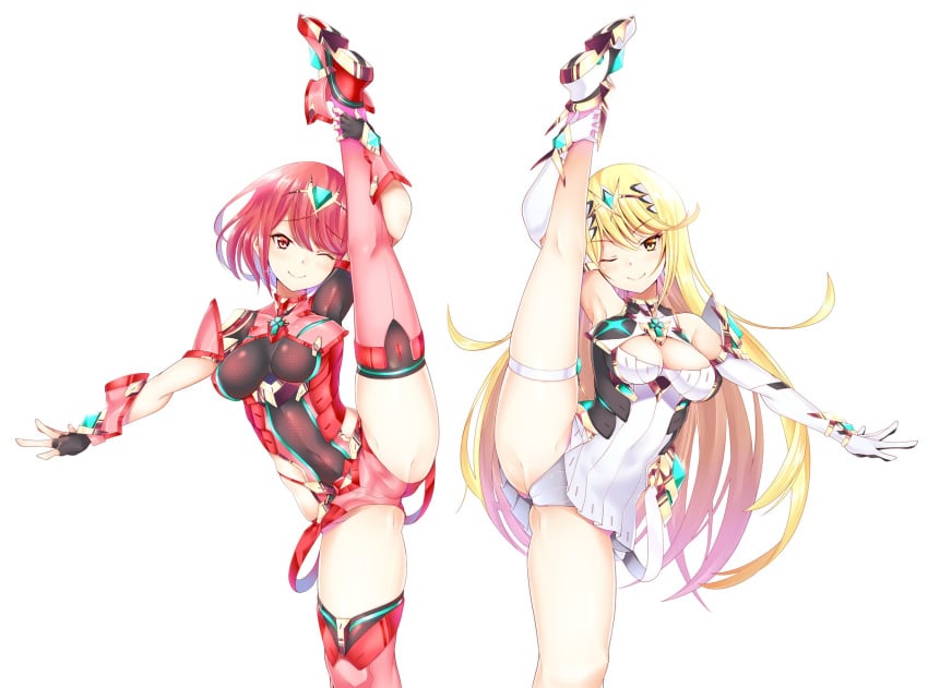 2girls absurdres blonde_hair breasts cameltoe cleavage daive female female_only grin highres large_breasts leg_up legs long_hair looking_at_viewer multiple_girls mythra nintendo oversplit panties pose pyra red_eyes red_hair short_hair shorts simple_background skindentation smile splits standing standing_on_one_leg thick_thighs thighhighs thighs tiara underwear vertical_splits white_background wink xenoblade_(series) xenoblade_chronicles_2 yellow_eyes