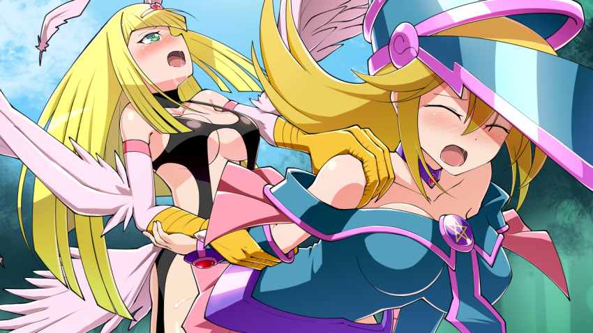 1futa 2girls ambiguous_penetration animal_humanoid blonde_hair blush cleavage clenched_teeth climax closed_eyes clothed clothed_sex clothing cum dark_magician_girl drooling duel_monster eyes_closed from_behind futanari genital_fluids green_eyes harpie_girl harpie_lady harpy hat headgear implied_futanari long_hair mizutenka open_mouth orgasm partially_clothed penetration sex skimpy smile yu-gi-oh!