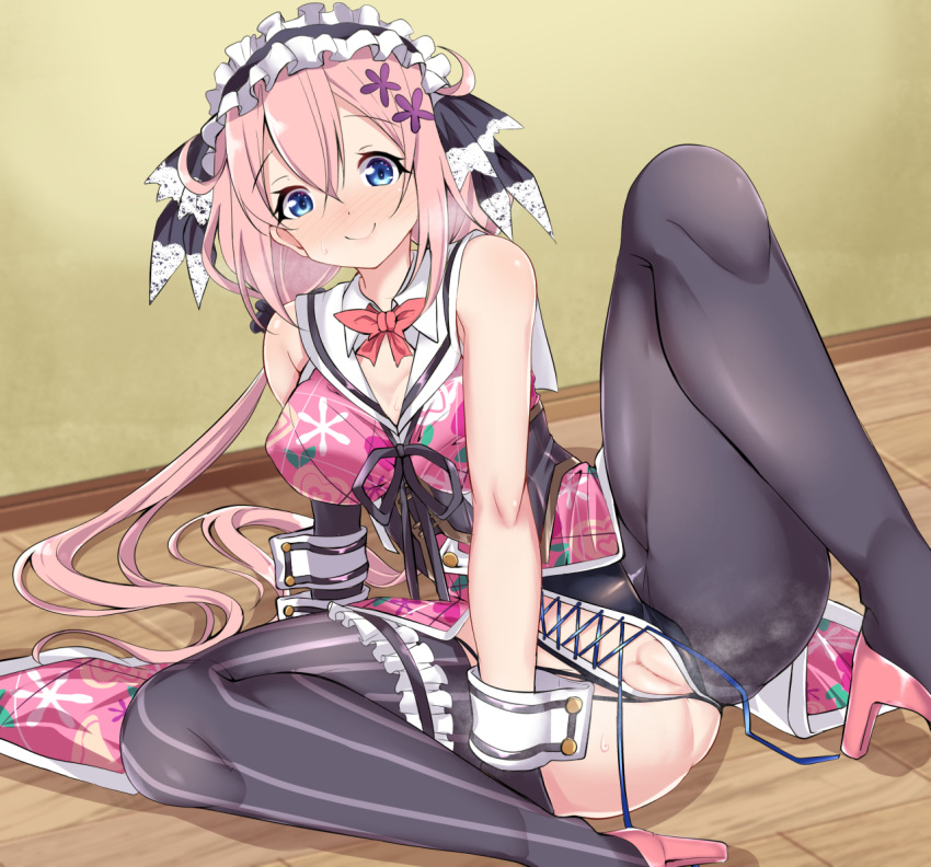 black_legwear blue_eyes blush bow bowtie breasts closed_mouth clothing covered_nipples eyebrows_visible_through_hair female flower hair_flower hair_ornament high_heels indoors kirara_fantasia large_breasts long_hair looking_at_viewer mak066 ochikobore_fruit_tart on_floor pink_hair pussy red_neckwear sakura_ino shiny shiny_hair smile solo spread_legs thighhighs wooden_floor