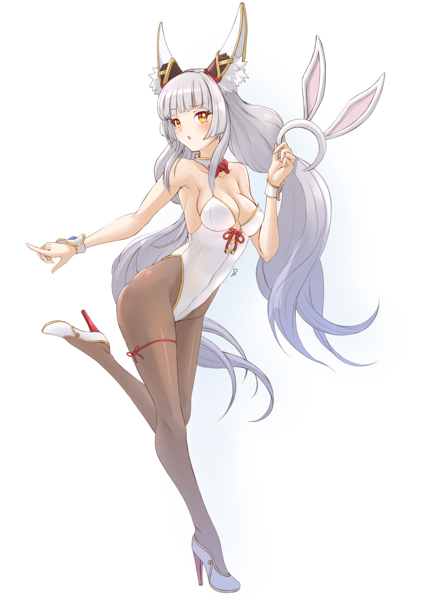 1girls alternate_costume animal_ear_fluff animal_ears blush breasts cleavage collarbone deekei detached_collar eyebrows female full_body high_heels highres large_breasts leotard long_hair low_twintails medium_breasts nia nia_(blade) nia_(xenoblade) nintendo pantyhose playboy_bunny silver_hair solo spoilers twintails very_long_hair white_background wrist_cuffs xenoblade_(series) xenoblade_chronicles_2 yellow_eyes