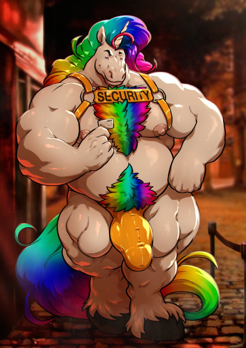 2020 absurd_res anthro belly big_bulge big_muscles body_hair bouncer bulge card chest_hair clothed clothing english_text equid equine erection erection_under_clothing genital_outline glimmerstomp grisser hair harness hi_res hooves horn long_hair male male_only mammal multicolored_hair multicolored_tail musclegut muscular muscular_anthro muscular_male nipples pecs penis_outline pubes quads rainbow_hair rainbow_tail security solo solo_male standing text text_on_clothing text_on_topwear thong topwear underwear unicorn