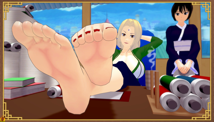 3d blonde_hair close-up desk devillord feet female_only foot_fetish foot_focus koikatsu multiple_girls naruto red_nails shizune soles toes tsunade