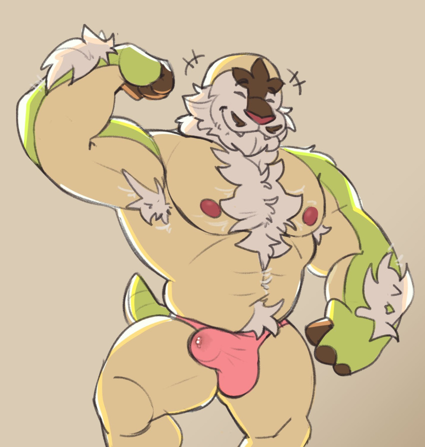 2020 abs anthro arm_hair armpit_hair beard biceps bodily_fluids body_hair bulge chesnaught chest_hair closed_eyes clothed clothing erection erection_under_clothing facial_hair flexing genital_fluids grey_background hi_res kiba24 male male_only muscular muscular_anthro muscular_male neck_tuft nintendo nipples pokemon precum precum_through_clothing precum_through_underwear pubes simple_background smile solo solo_male standing thong tuft underwear video_games wet wet_clothing