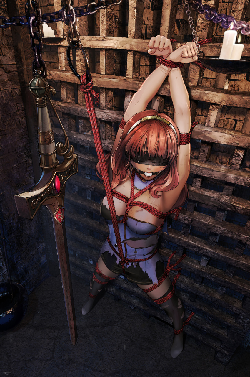 arms_up ball_gag big_breasts blindfold bondage bruise candle celica_(fire_emblem) crotch_rope crying dungeon female fire_emblem fire_emblem_echoes:_shadows_of_valentia fire_emblem_gaiden gag gagged lips long_hair nintendo orange_hair prisoner rope rope_bondage saliva saliva_trail scar sharpffffff spread_legs sword tears torn_clothes