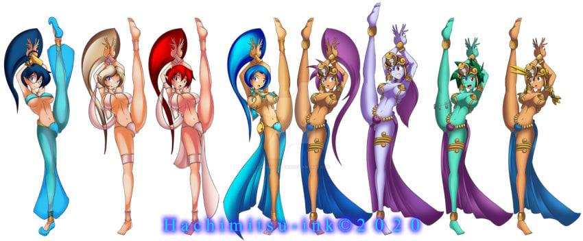 6+girls 8girls belly belly_dancer belly_dancer_outfit blonde_hair blue_eyes blue_hair character_request dancer_risky_boots dancer_rottytops dancer_shantae dancer_sky female_only full_body genie green_hair hachimitsu-ink harem_outfit multiple_girls purple_hair red_eyes red_hair risky_boots rottytops shantae shantae_(character) sky_(shantae) smooth_skin splits standing_on_one_leg vertical_splits