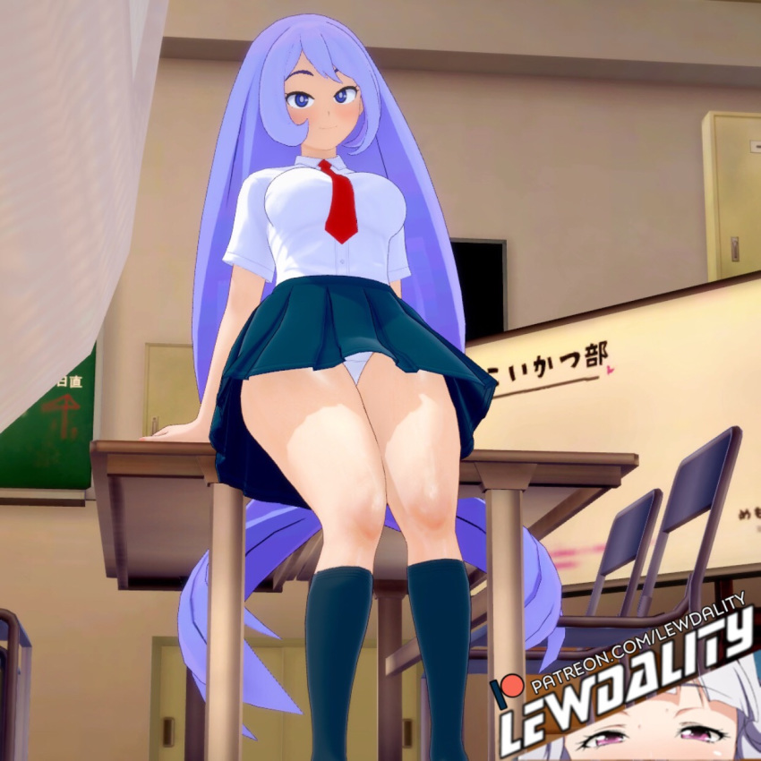 3d 3d_(artwork) big_ass big_breasts big_butt blue_eyes blue_hair breasts female female_only lewdality long_hair looking_at_viewer looking_down my_hero_academia nejire_hado panties panties_aside pussy pussy_juice school_uniform schoolgirl showing_off sitting skirt skirt_lift socks solo thick thick_ass thick_thighs thigh_gap thighs underwear upskirt