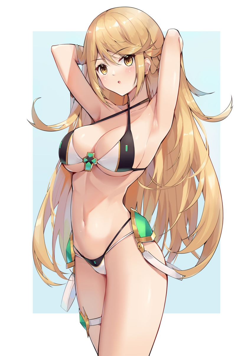 1girls :o adapted_costume armpits arms_behind_head arms_up bangs blonde_hair blush breasts brown_eyes cleavage commentary_request cowboy_shot criss-cross_halter eol_9 eyebrows_visible_through_hair faulds female gem halterneck highres large_breasts long_hair looking_at_viewer mythra navel nintendo open_mouth solo stomach straight_hair swept_bangs thigh_strap thighs two-tone_bikini very_long_hair xenoblade_(series) xenoblade_chronicles_2