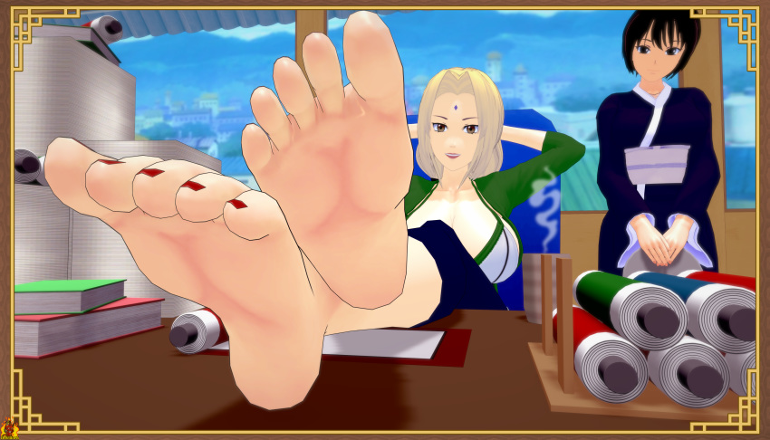 3d blonde_hair close-up desk devillord feet female_only foot_fetish foot_focus koikatsu multiple_girls naruto red_nails shizune soles toes tsunade