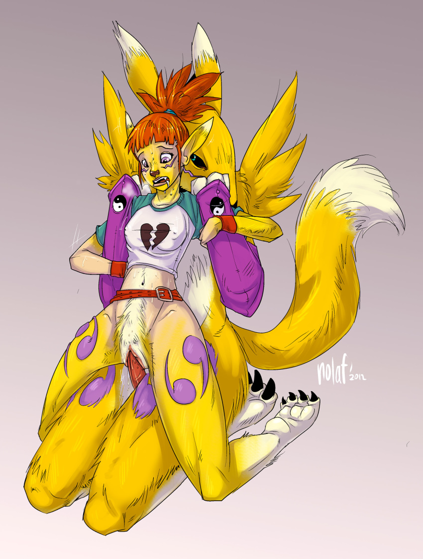 1boy 1girls 2012 alternate_species anthro black_nose blue_eyes breasts canid digimon digimon_(species) digimon_tamers duo female fur genitals hair hi_res human looking_down male male/female male_anthro male_renamon mammal nipple_outline nolaf penetration penis pussy red_hair renamon rika_nonaka simple_background straight transformation vaginal_penetration yellow_body yellow_fur