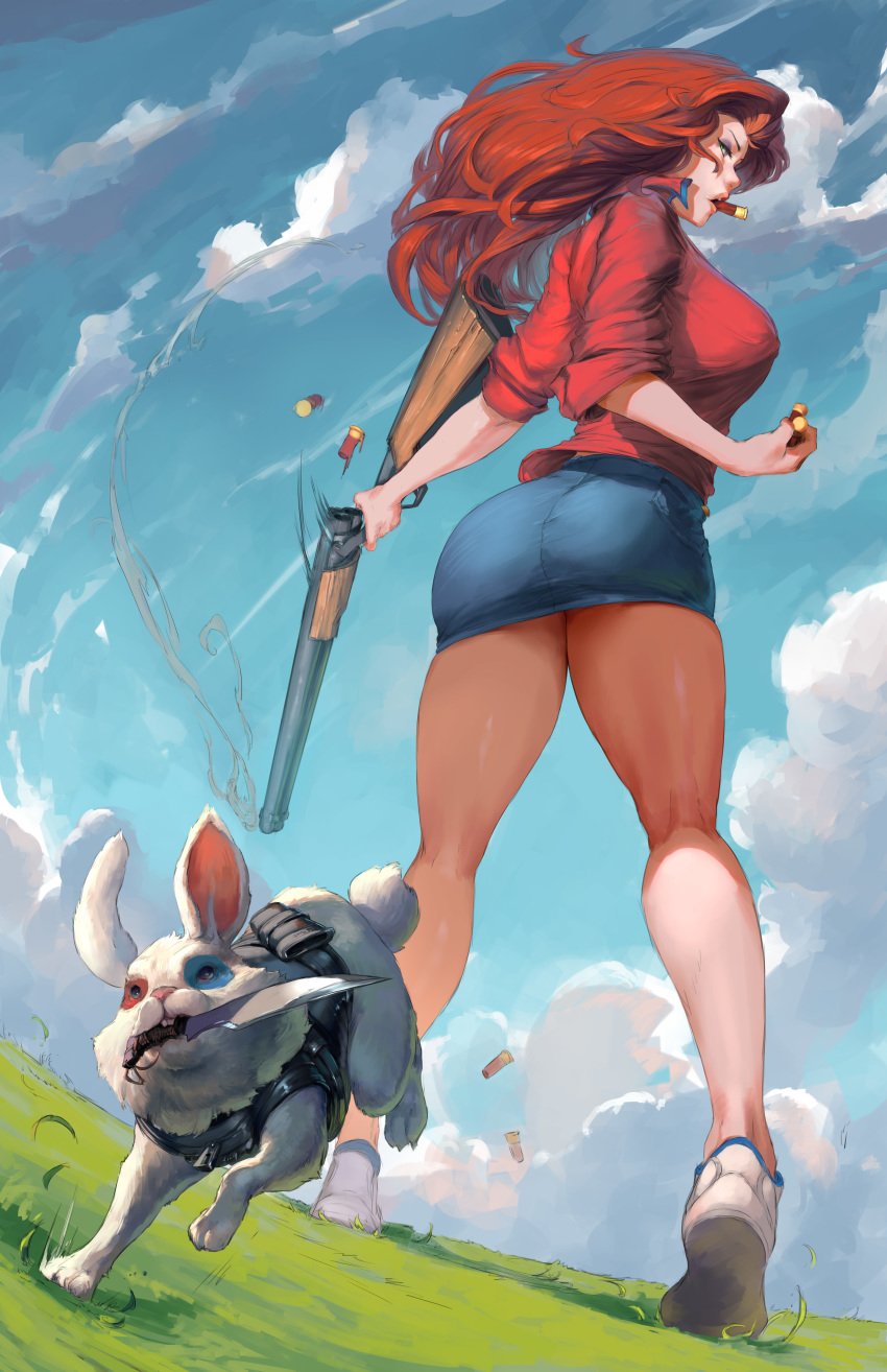 1girls absurd_res bare_legs black_hops black_hops:_u.s.a-*-g.i. breasts bunny cloud cloudy_sky cutesexyrobutts day double-barreled_shotgun female firearm full_body grass green_eyes gun hi_res high_resolution holding_gun holding_weapon large_breasts legs long_hair object_in_mouth original outdoors penelope_freling red_hair shirt shoes shotgun shotgun_shells skirt sky smoke standing u.s.a.-*-g.i. very_high_resolution weapon