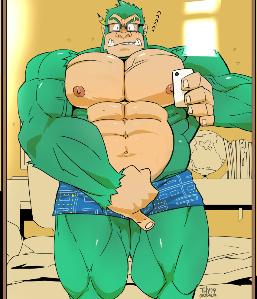 abs anthro bed blush eyebrow_piercing furry gay glasses globe gorilla green_fur green_skin holding_phone looking_at_viewer male male_only mirror mirror_selfie nerd nervous pencil pencil_on_ear phone pinkie_out shelf solo sweating thy_carker thymilph unbuttoning underwear underwear_only vein veins veiny_arms veiny_breasts veiny_muscles