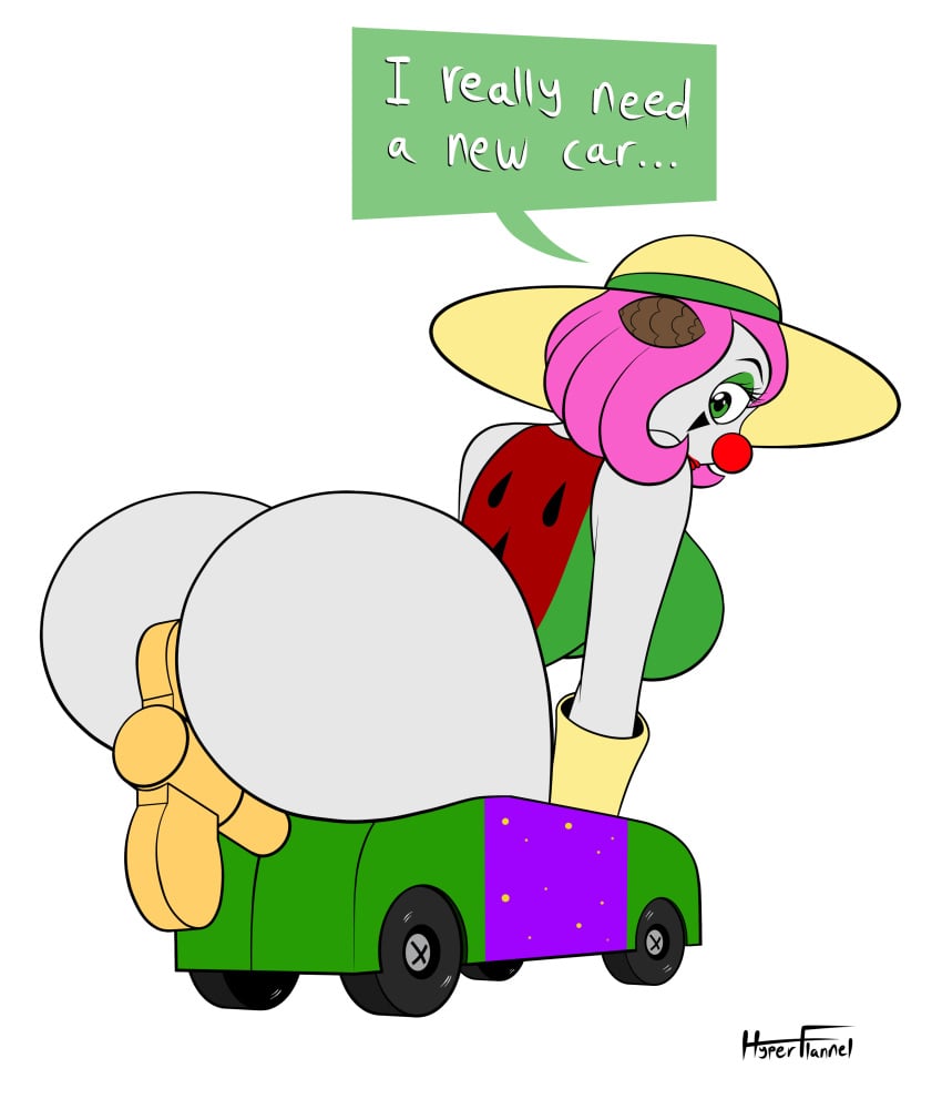 animated ass ass_jiggle breasts butt_jiggle car clown clown_car clown_girl clown_makeup clown_nose driving english_text female gif green_eyes hyperflannel jiggle jiggling large_ass large_butt looking_back pink_hair sideboob small_car sun_hat sunhat text thighs white_skin wind-up_key windup windup_key