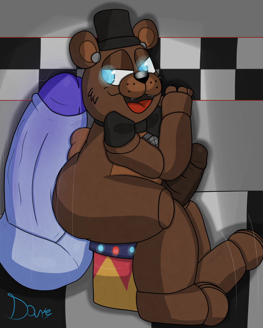 animatronic anthro bear big_butt big_penis blue_eyes blue_penis bow_tie brown_body digital_media_(artwork) disembodied_penis duo erect_penis erection fazbear_frights five_nights_at_freddy's furry gay genitals half-closed_eyes hot_dogging humanoid_penis hyper hyper_penis lonely_freddy male_only open_mouth puppet_bonnie_(fnafsl) robot sitting size_difference smile testicles thick_thighs top_hat ursid veiny_penis wide_hips