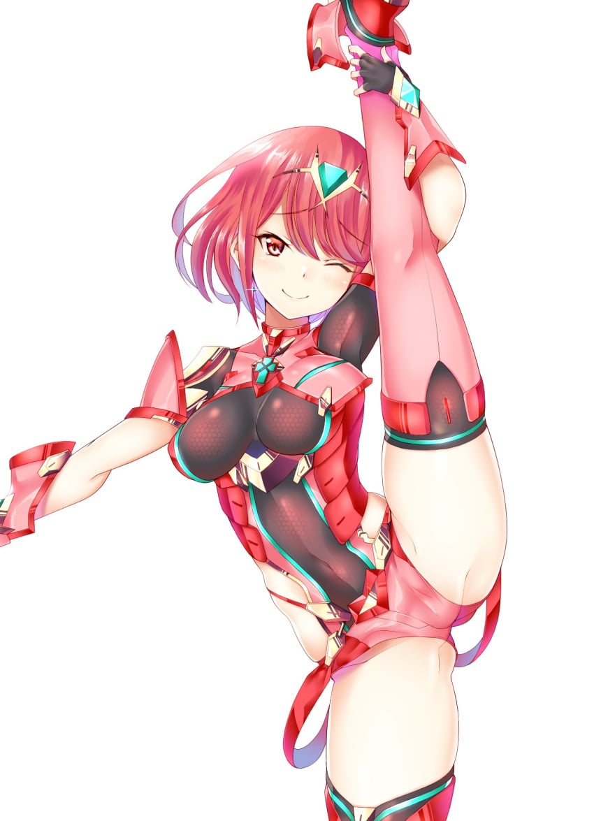 1girls breasts close-up daive female highres leg_up looking_at_viewer medium_breasts nintendo one_eye_closed pyra red_eyes red_hair short_hair shorts skindentation smile solo splits standing standing_on_one_leg thighhighs vertical_splits xenoblade_(series) xenoblade_chronicles_2