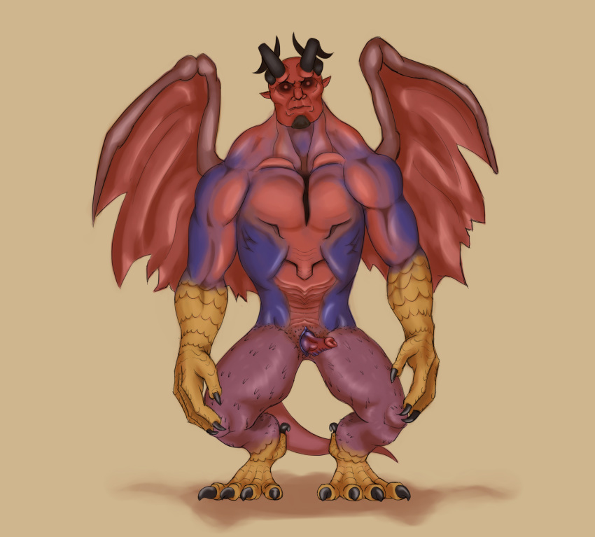 1boy 4_horns absurd_res anthro bird_features bird_feet bird_scales black_horns broad_shoulders charcoal_inpachi chimera claws curved_horns daimon_(dragon's_dogma) deltoids demon demon_eyes demon_wings devil_horns_(disambiguation) dragon's_dogma erection facial_hair front_view full_body goatee harpy hi_res horns hybrid jawline looking_at_viewer male male_only masculine monster muscular muscular_anthro muscular_male neck_muscles pecs red_eyes red_wings sad scales scalie serratus_anterior shoulder_muscles shoulders slit small_penis solo solo_male toe_claws trapezius unguligrade unhappy unhappy_male wide_jaw wings