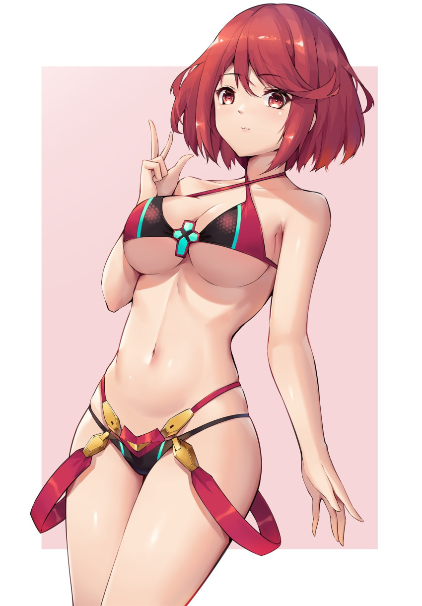 1girls adapted_costume arm_up bangs bare_arms bare_shoulders bikini blush breasts chest_jewel commentary_request cowboy_shot eol_9 eyebrows_visible_through_hair female halterneck highleg highleg_bikini highleg_swimsuit highres large_breasts looking_at_viewer multi-strapped_bikini navel nintendo pyra red_eyes red_hair short_hair simple_background smile solo string_bikini swept_bangs swimsuit thighs underboob v white_background xenoblade_(series) xenoblade_chronicles_2