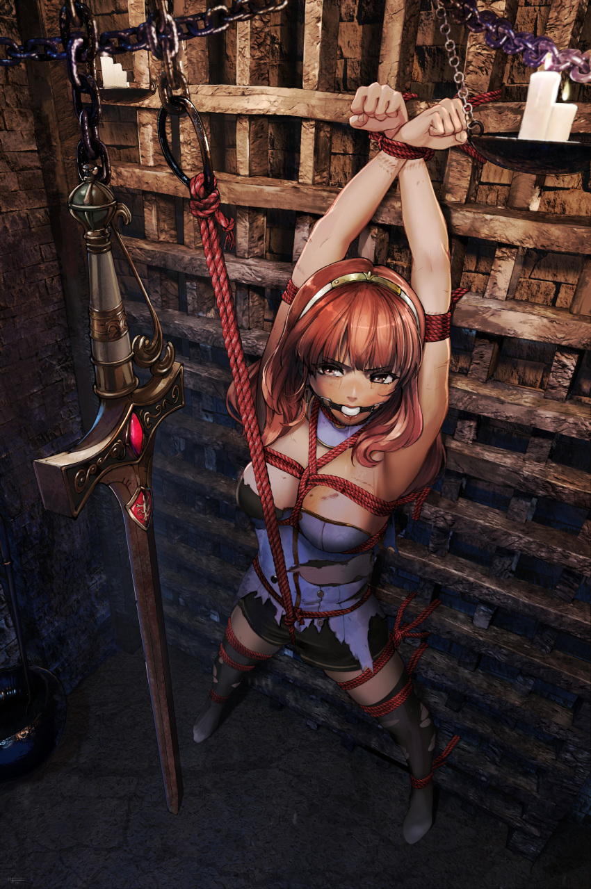 arms_up ball_gag big_breasts bondage bruise candle celica_(fire_emblem) crying crying_with_eyes_open dungeon female fire_emblem fire_emblem_echoes:_shadows_of_valentia fire_emblem_gaiden gag gagged lips long_hair nintendo orange_hair prisoner restrained rope rope_bondage saliva saliva_trail scar sharpffffff spread_legs sword tears torn_clothes