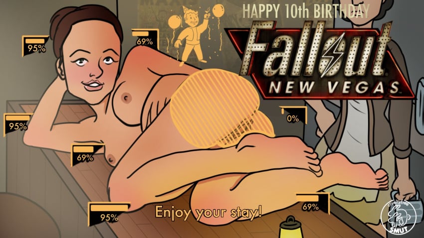 2girls alternate_version_available anus ass breasts crueltyfreesmut exhibitionism fallout fallout_new_vegas feet female female_focus female_only gameplay_mechanics legs logo looking_at_viewer multiple_girls nude nude_female pose smile sunny_smiles text toes trudy v.a.t.s. vats