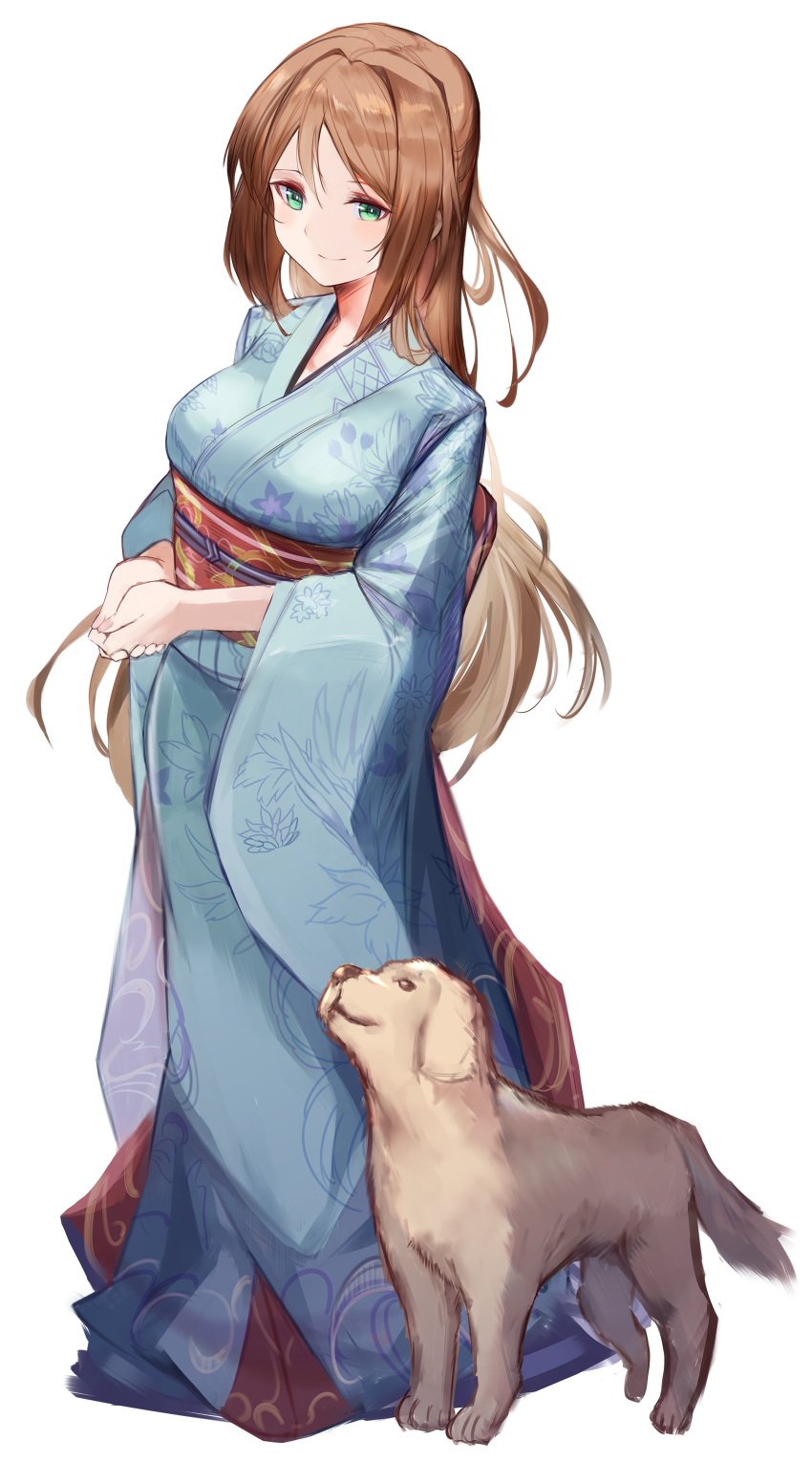 brown_hair calm clothed dog frontline girls' green_eyes long_hair mujinbi smile standing tagme yukata