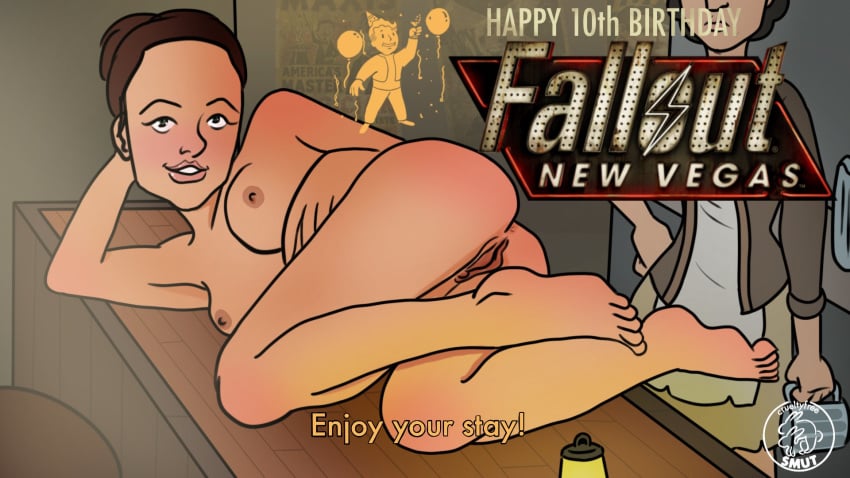 2girls alternate_version_available anus ass breasts crueltyfreesmut exhibitionism fallout fallout_new_vegas feet hand_on_hip legs logo looking_at_viewer multiple_girls nipples nude nude_female on_side pose pussy smile sunny_smiles tagme trudy vault_boy_logo