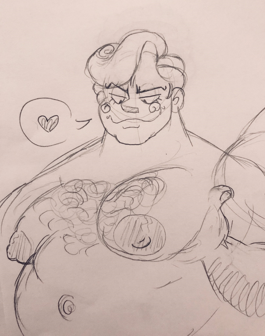 1boy bara belly belly_button big_belly bugsy_pugsler chubby epithet_erased furrowed_eyebrows grin hair hairy hairy_arms hairy_chest hairy_male heart holding holding_chest looking_down male male_only monochrome moobs nipples overweight sketch smile solo spiral