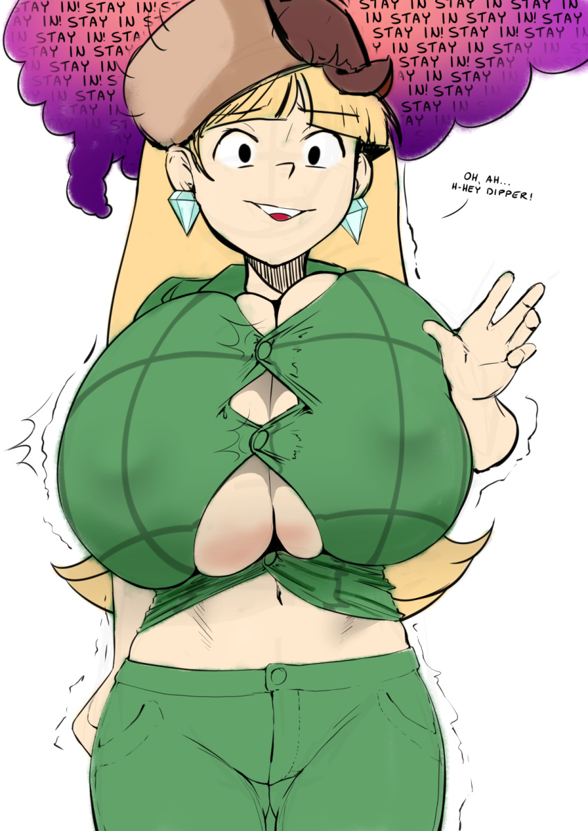 1girls 47k bangs barely_contained blonde_hair blunt_bangs breasts bursting_breasts cleavage clothed clothing disney disney_channel earrings english_text female female_only gravity_falls green_pants green_shirt hat highres huge_breasts human human_only hyper hyper_breasts jewelry long_hair looking_at_viewer nervous nipple_bulge no_bra pacifica_northwest pants shirt skindentation solo standing straight_hair text thought_bubble tight_clothing trembling ushanka waving