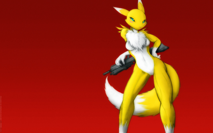 anthro breasts color darkdoomer digimon female female_only front_view fur furry gun nude renamon solo standing weapon