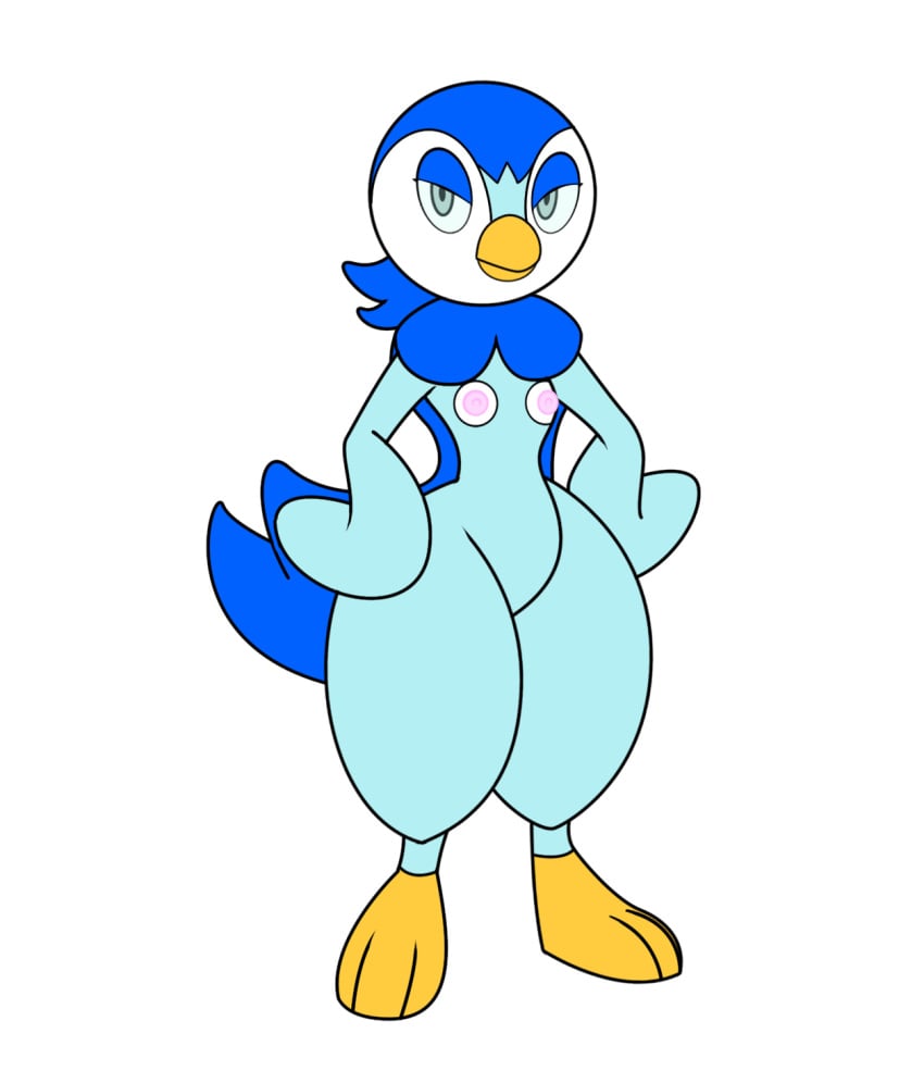 anthro barefoot color female female_only flat_chest front_view gb_of_bs hands_on_hips nintendo nipples nude piplup pokemon pokemon_(species) solo tagme