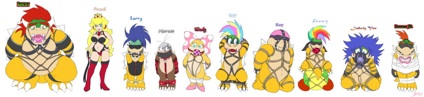 2girls 6+boys 8boys ball_gag bdsm blonde_hair blue_eyes bondage bossy bow bowser bowser_jr. breasts dominatrix eyelashes female femdom high_heels horns iggy_koopa koopa koopaling koopalings larry_koopa lemmy_koopa lipstick ludwig_von_koopa male mario_(series) morton_koopa_jr. multiple_boys nintendo polka_dots princess_peach roy_koopa shell spiked_bracelet spiked_collar spiked_shell spikes straight_hair super_mario_bros. tail text the_super_mario_bros._super_show! wendy_o._koopa white_background zetsho