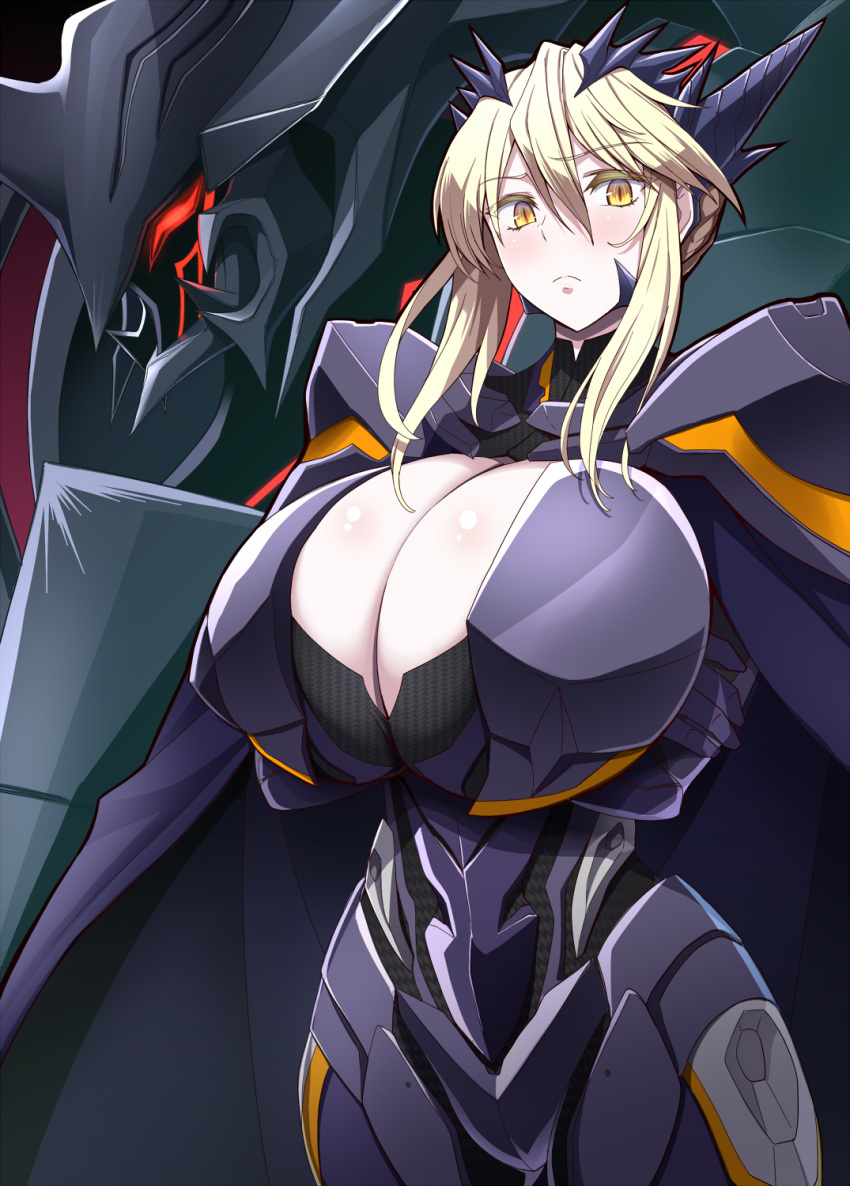 armor artoria_pendragon artoria_pendragon_(lancer_alter) black_armor black_cape blonde_hair blush body_armor breasts cape cleavage cleavage_cutout clothing_cutout cosplay crossed_arms dark_persona eyebrows_visible_through_hair fate/grand_order fate_(series) female highres horns huge_breasts kloah long_bangs slit_pupils yellow_eyes