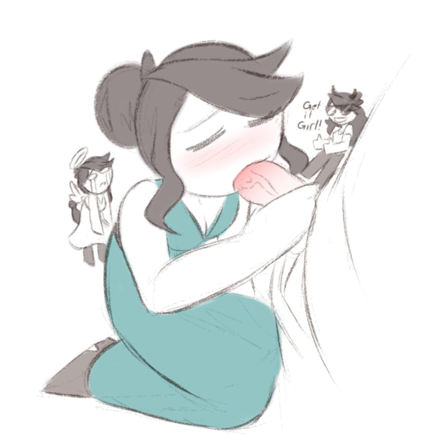 angel blowjob blush brown_hair devil dress fellatio jaiden jaiden_animations jaidenanimations jonathanpt kneeling oral penis prom_dress shoulder_angel shoulder_devil tagme youtube youtuber