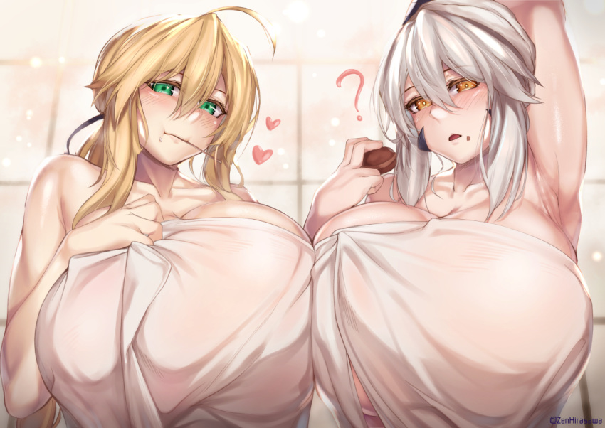 2girls :t ? ahoge artoria_pendragon artoria_pendragon_(lancer) artoria_pendragon_(lancer_alter) bathroom blonde_hair breast_press breasts chocolate chocolate_on_face fate/grand_order fate_(series) food food_on_face green_eyes heart hirasawa_seiji huge_breasts looking_at_viewer multiple_girls naked_towel pocky silver_hair symmetrical_docking towel yellow_eyes