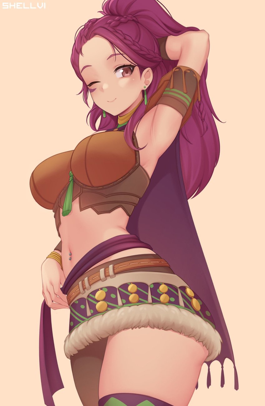 1girls armpits bare_thighs belly_piercing brown_eyes female fire_emblem fire_emblem:_three_houses large_breasts looking_at_viewer midriff nintendo one_arm_up petra_macneary ponytail post-timeskip purple_eyes purple_hair shellvi smile solo tan_skin thighs wink