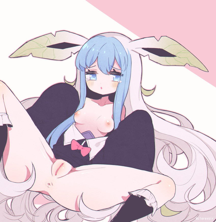 animal_ears anus artist_name bangs bare_shoulders black_dress black_legwear blue_eyes blue_hair blush bow breasts clarevoir collarbone commission dress english_commentary eyebrows_visible_through_hair female frilled_legwear glaceon green_hair grey_hair half-closed_eyes hands_up highres humanized_pokemon knee_up kneehighs kureamajo leafeon long_hair looking_away looking_to_the_side lying moemon multicolored_hair no_bra no_panties off_shoulder on_back open_mouth outline personification pink_background pink_bow pink_outline pokemon pokemon_(species) pussy shiny shiny_hair shiny_skin sidelocks simple_background sleeves_past_fingers sleeves_past_wrists small_breasts solo spread_legs tears twitter_username two-tone_background uncensored very_long_hair watermark white_background