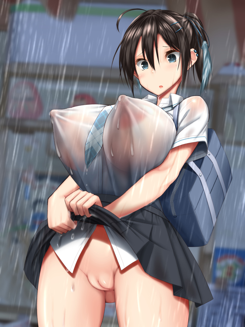 1girls ahoge areolae ass ass_visible_through_thighs backpack bag black_hair blue_eyes bottomless breasts breasts_visible_through_clothing earrings erect_nipple erect_nipples erect_nipples_under_clothes erect_nipples_under_topwear female female_only from_below gravity_defying_breasts hair_ornament hair_ribbon hairclip highres huge_breasts huge_nipples innie_pussy jewelry kawahagitei lactation lactation_through_clothes lactation_without_expressing large_areolae long_nipples medium_hair miniskirt mizuki_kawahagi necktie neckwear_between_breasts nipple_bulge nipples nipples_visible_through_clothing no_bra no_panties open_mouth original outdoors pleated_skirt pointy_breasts pointy_nipples puffy_nipples pussy rain ribbon see-through shirt skirt soaked soaked_clothes solo standing thick_thighs thighs tied_hair torpedo_breasts wet wet_bra wet_breasts wet_clothes wet_clothing wet_nipples wet_shirt