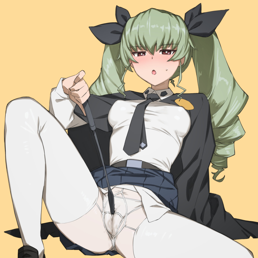 1girls anchovy cameltoe clitoral_masturbation clitoral_stimulation clitoral_stimulation_through_clothing clitoris_through_clothes clothed girls_und_panzer green_hair masturbation medium_breasts onsen_tamago_(hs_egg) open_mouth pantyhose sitting skin_tight skirt_lift solo spread_legs teal_hair twintails wet_panties yellow_background